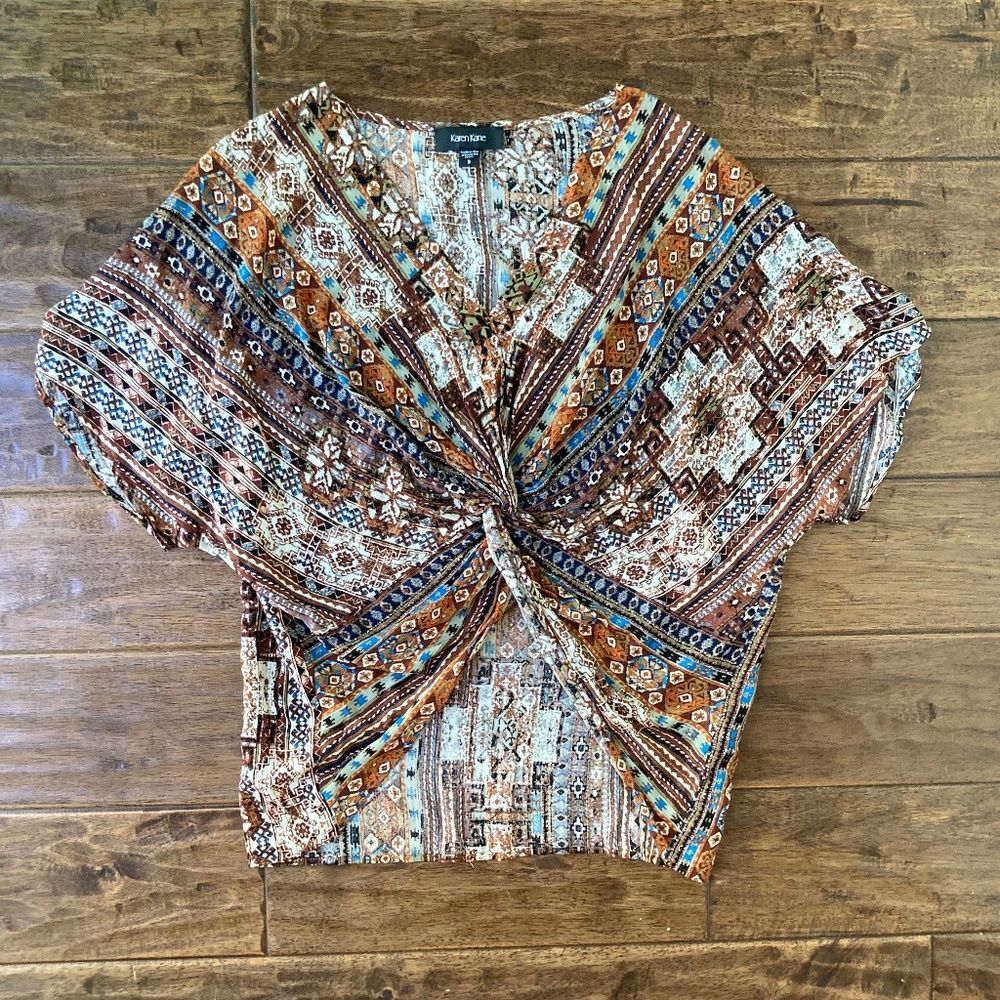 Karen Kane Small Twist Front Blouse Short Sleeve Pullover Made in USA Boho